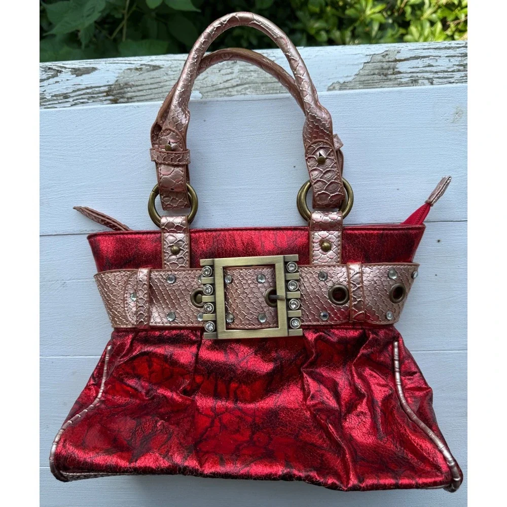 Y2K Metallic Red Rhinestone Buckle Satchel Purse McBling